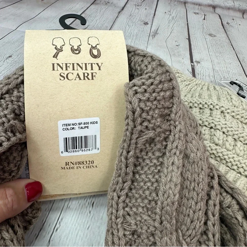 NWT Boutique C.C. kids taupe infinity scarf and beige messy bun beanie tail